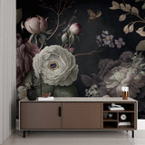 Elegant black botanical mural in master bedroom with gold accents and natural light