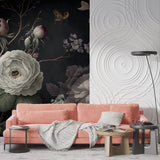 Black floral mural creating ambiance in powder room with modern fixtures