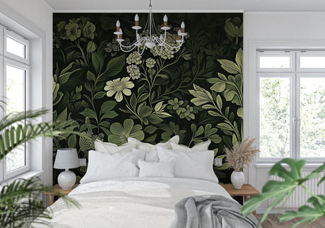 Dark green botanical garden wallpaper in modern living room creating a sophisticated atmosphere