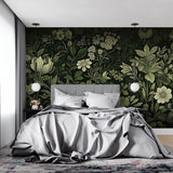 Botanical garden wall mural bringing nature into dining room with deep green tones