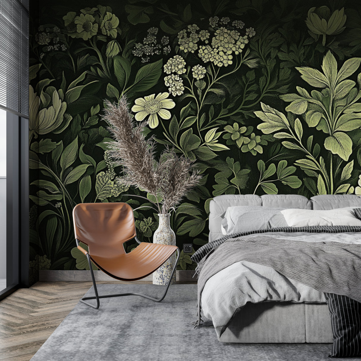 Green floral wallpaper making bedroom feel like a peaceful garden retreat