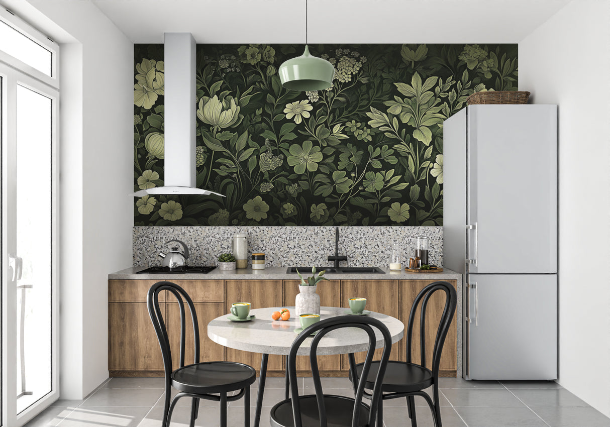 Dark botanical wallpaper adding depth to home office space