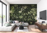 Emerald green botanical mural creating drama in hallway setting