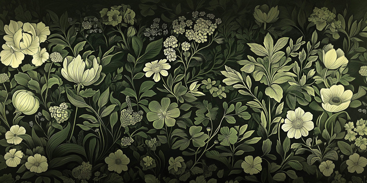 Botanical garden wallpaper design file showing intricate floral pattern on dark background