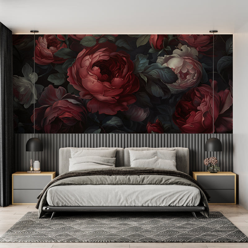 Dark red rose wallpaper in modern dining room with dramatic lighting and contemporary furniture