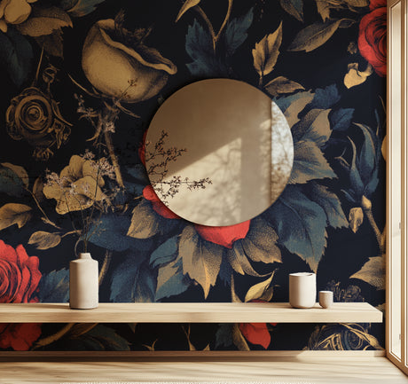 Dark floral wallpaper with gold accents creating drama in a modern dining room
