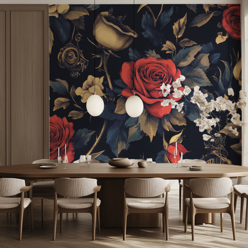 Vintage rose wallpaper making a statement in master bedroom