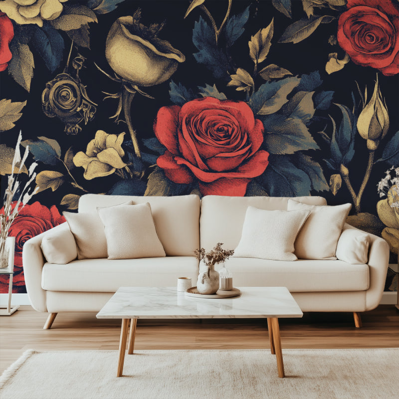 Dark rose mural wallpaper adding luxury to boutique entrance