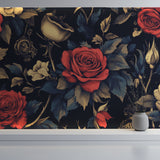 Floral wallpaper with gold details brightening dark hallway