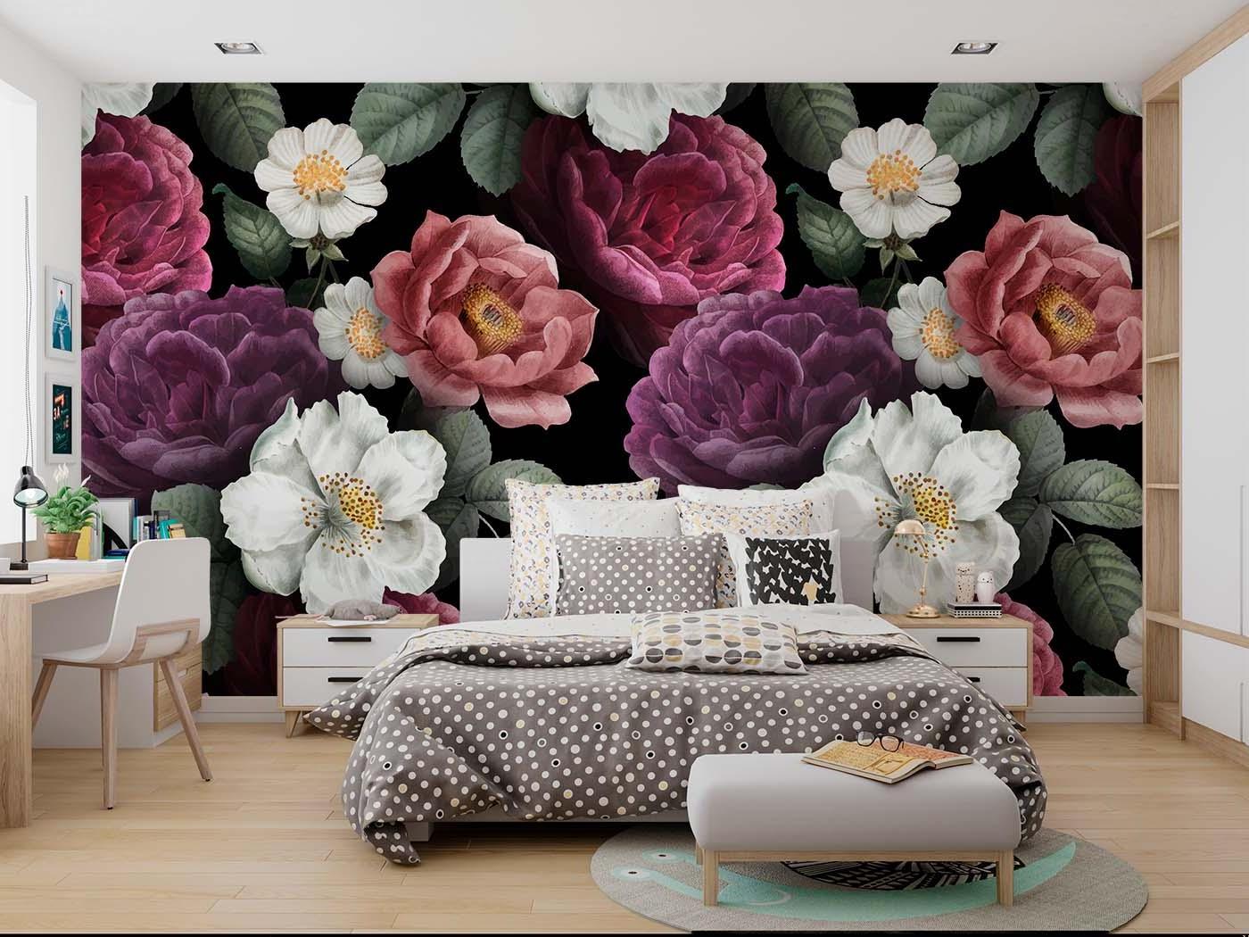 Dark floral wallpaper with vintage roses creating drama in a modern living room setting
