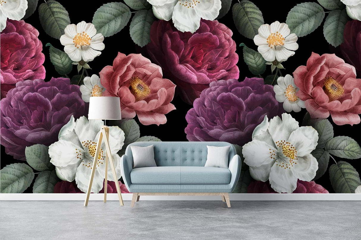 Dark vintage floral mural adding luxury to a master bedroom wall
