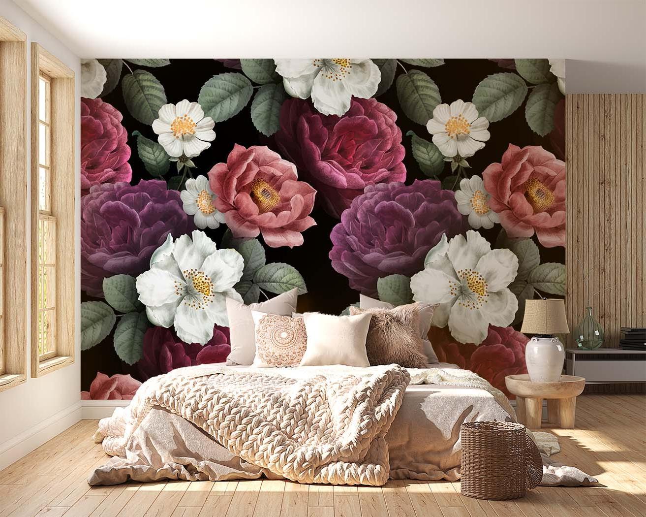 Moody floral wallpaper transforming a home office space