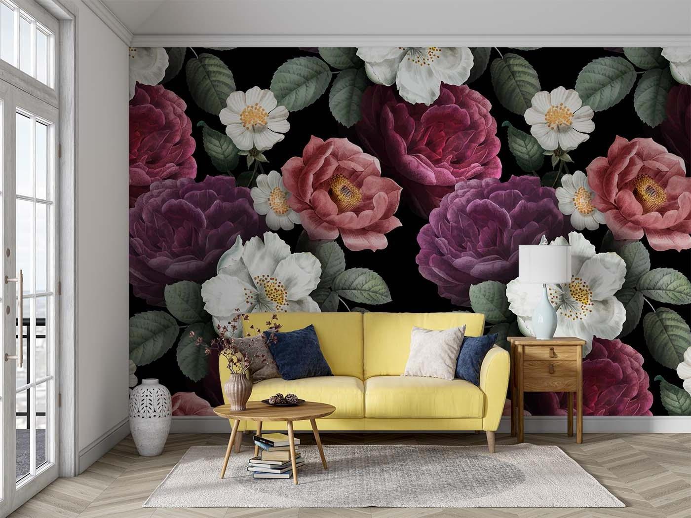 Black rose wallpaper creating ambiance in a boutique-style powder room