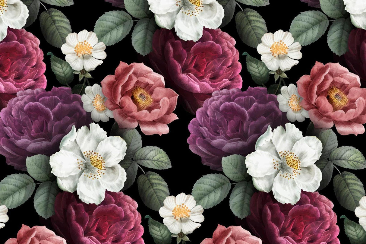 Design file showing detailed vintage roses and white blossoms pattern on dark background