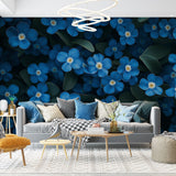 Blue Floral Wallpaper with forget-me-nots creating a cozy atmosphere in a modern bedroom setting