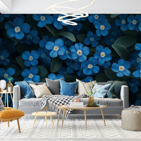 Blue Floral Wallpaper with forget-me-nots creating a cozy atmosphere in a modern bedroom setting