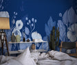 Japanese floral wallpaper in modern living room, white blooms on navy background creating serene atmosphere