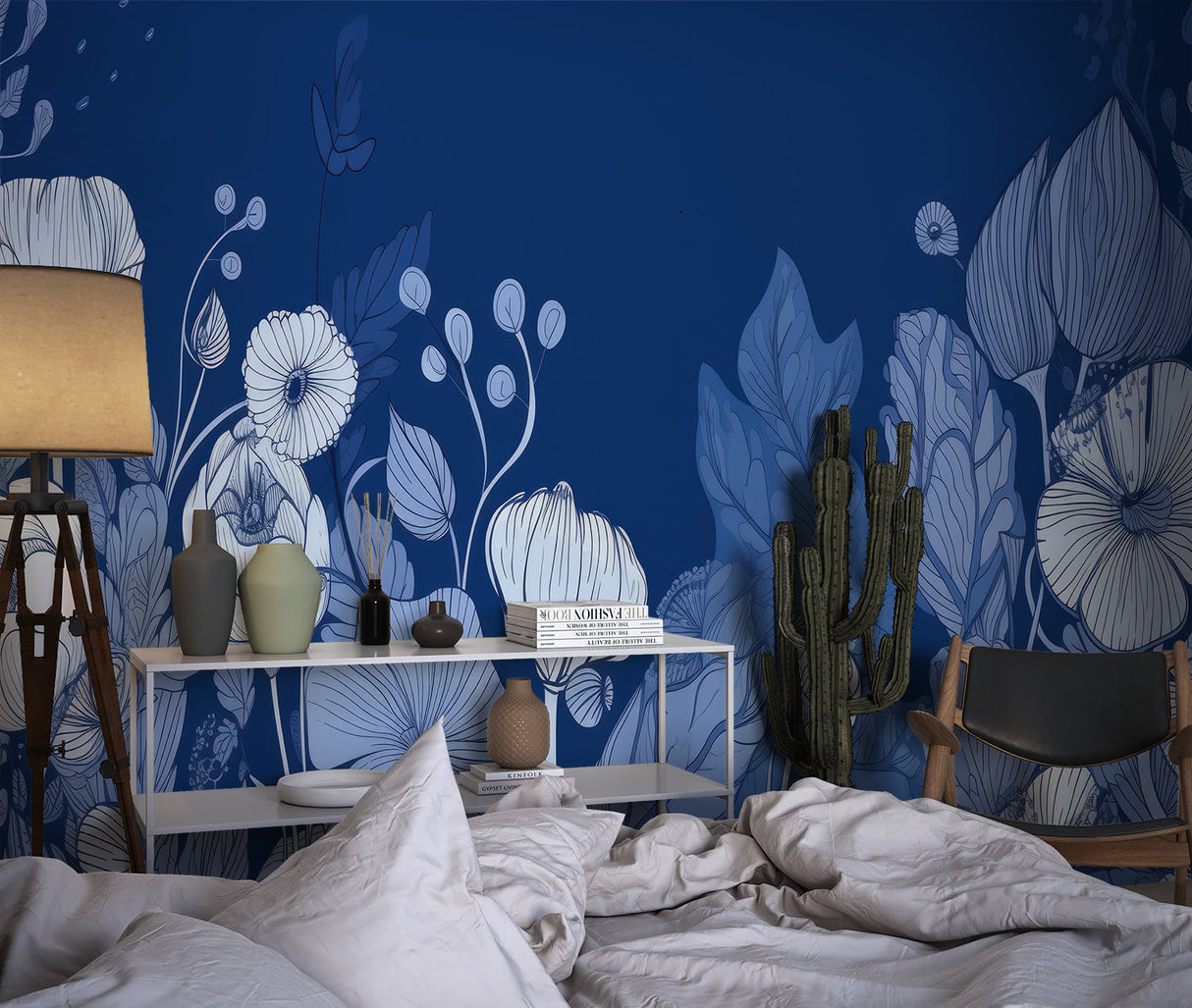 Japanese floral wallpaper in modern living room, white blooms on navy background creating serene atmosphere