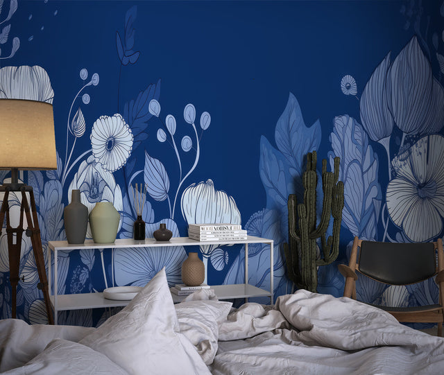 Japanese floral wallpaper in modern living room, white blooms on navy background creating serene atmosphere