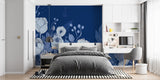 Blue Japanese garden mural in master bedroom, dramatic botanical design adding depth