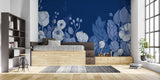 Navy floral wallpaper in dining room, white botanical pattern making space feel larger