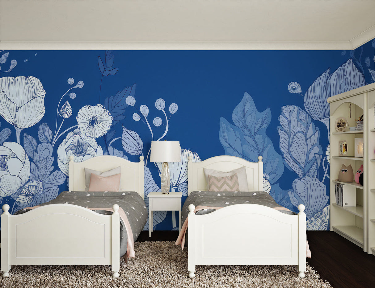 Japanese garden wall mural in home office, creating zen workspace atmosphere