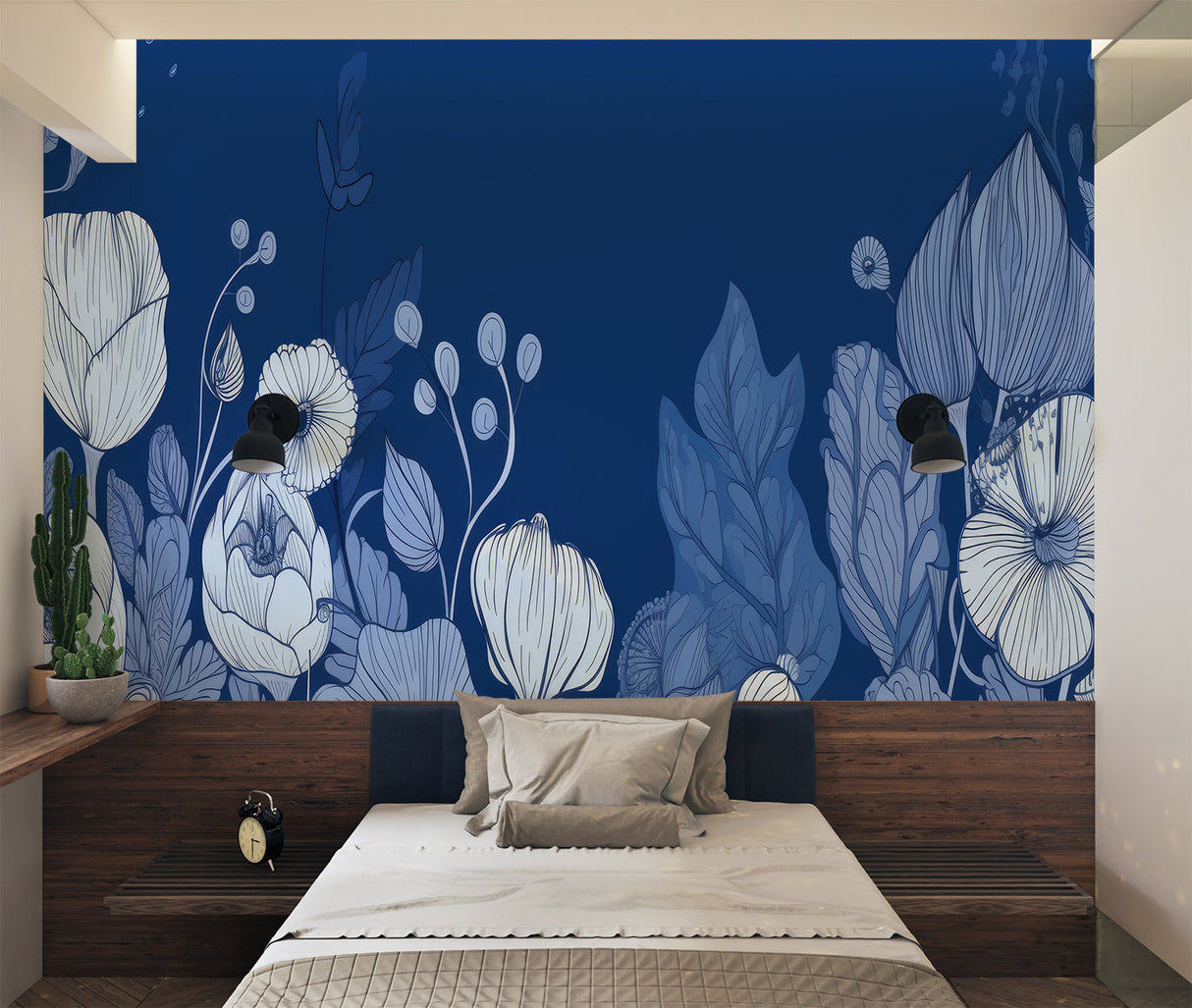 Blue botanical wallpaper in entryway, making stunning first impression