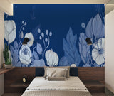 Blue botanical wallpaper in entryway, making stunning first impression