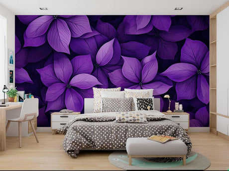 Purple floral wallpaper creating a stunning backdrop in a modern living room with gray furniture