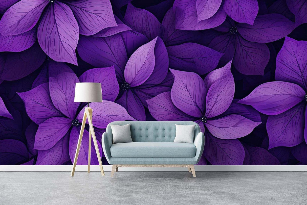Deep purple floral mural making a statement in a luxury master bedroom