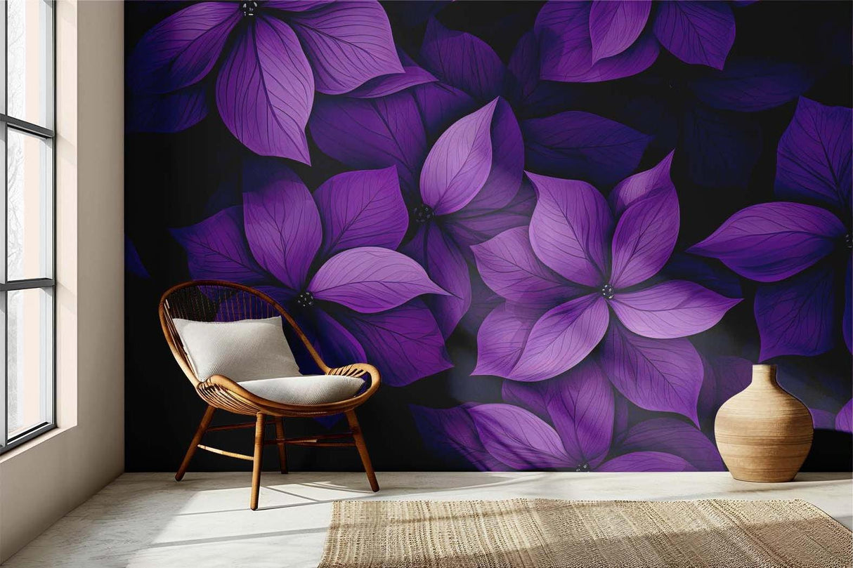 Large scale floral wallpaper transforming a hallway with deep purple blooms