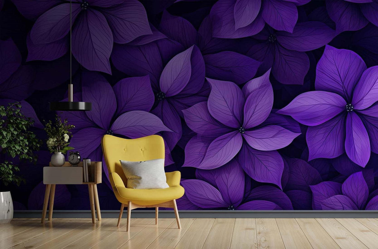 Purple floral mural creating atmosphere in a boutique bathroom setting