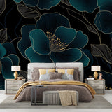 Teal and gold floral wallpaper in modern dining room with pendant lighting highlighting metallic details