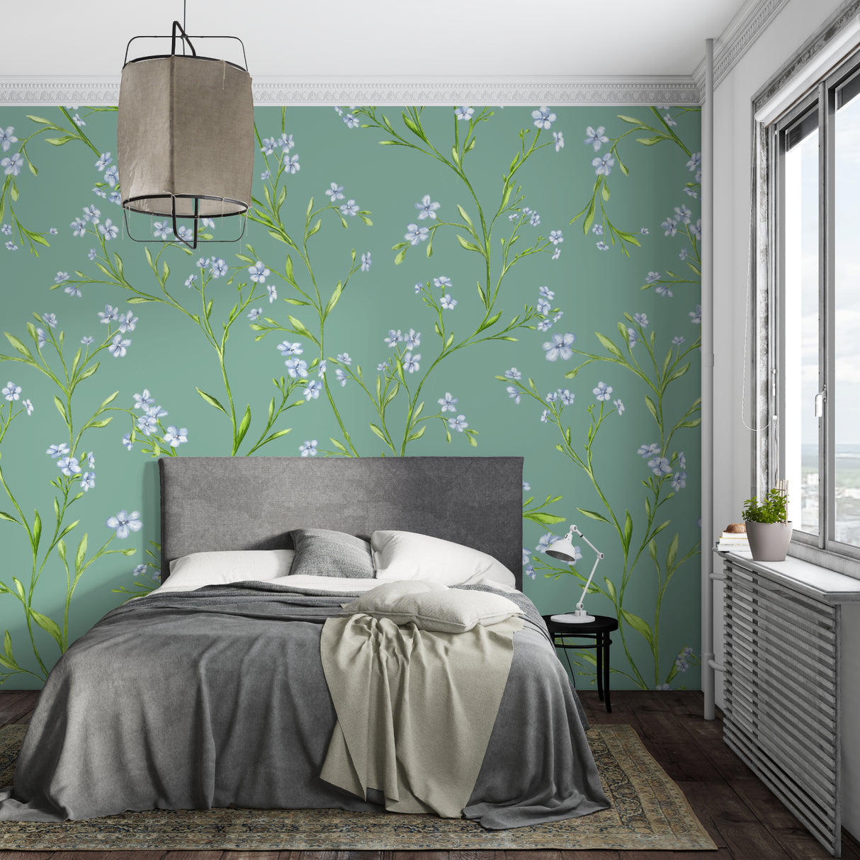 Delicate blue blossom wallpaper featured in a bright dining room