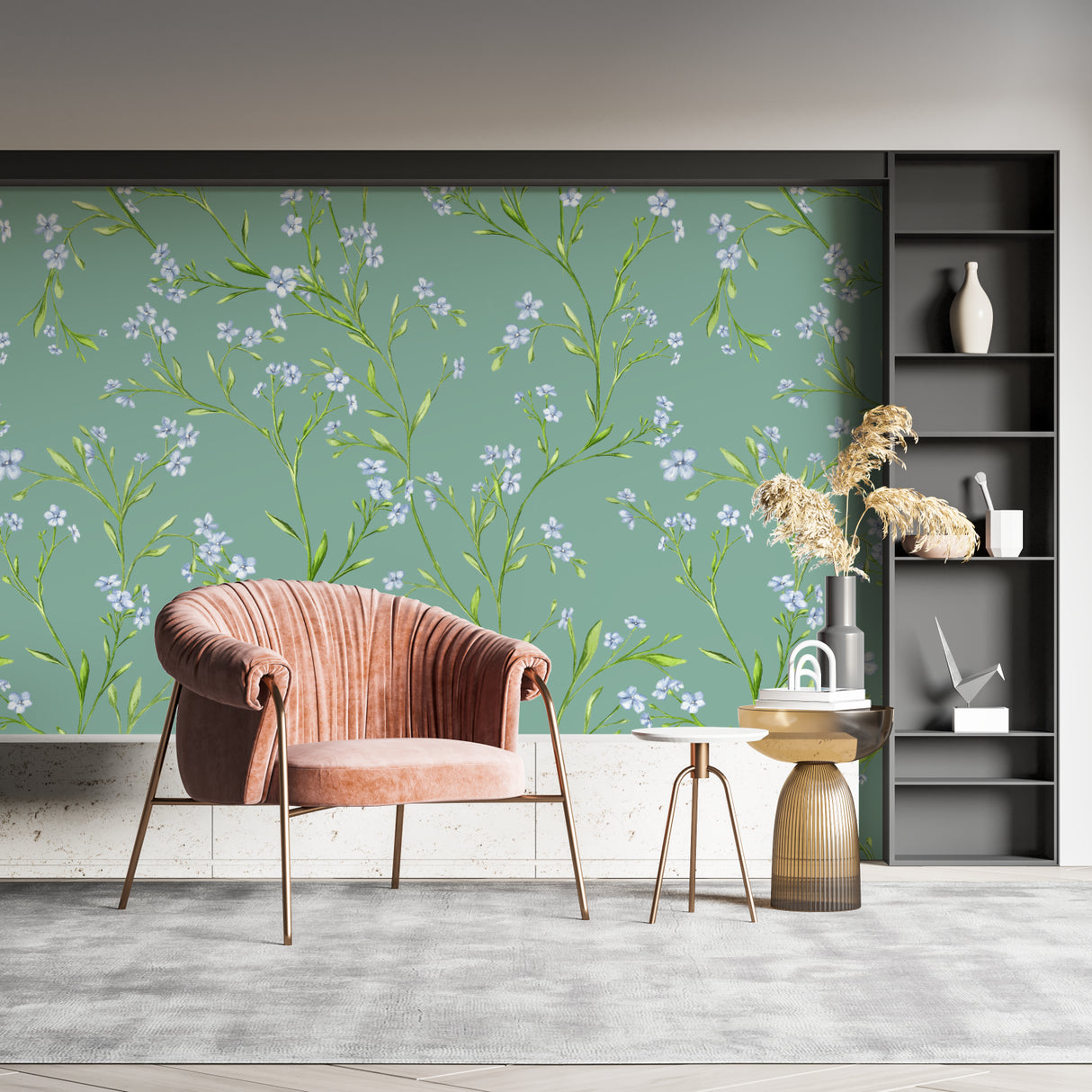 Floral wall mural showcased in a home office with minimal furniture