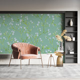 Floral wall mural showcased in a home office with minimal furniture