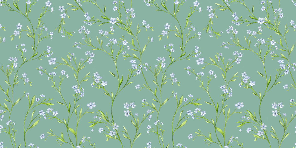 Design file showing detailed blue blossoms pattern on sage green background