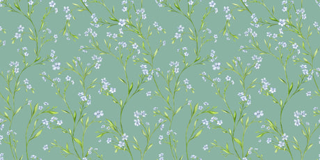 Design file showing detailed blue blossoms pattern on sage green background