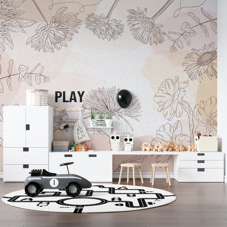 Floral line art wallpaper bringing elegance to a modern bedroom with minimal furniture and natural light