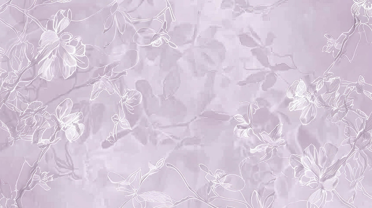 Floral line art design file showing detailed white botanical sketches on soft lilac background