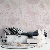 Pink floral line art wallpaper creating a serene atmosphere in a modern bedroom