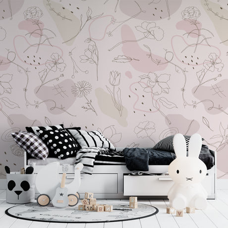Pink floral line art wallpaper creating a serene atmosphere in a modern bedroom