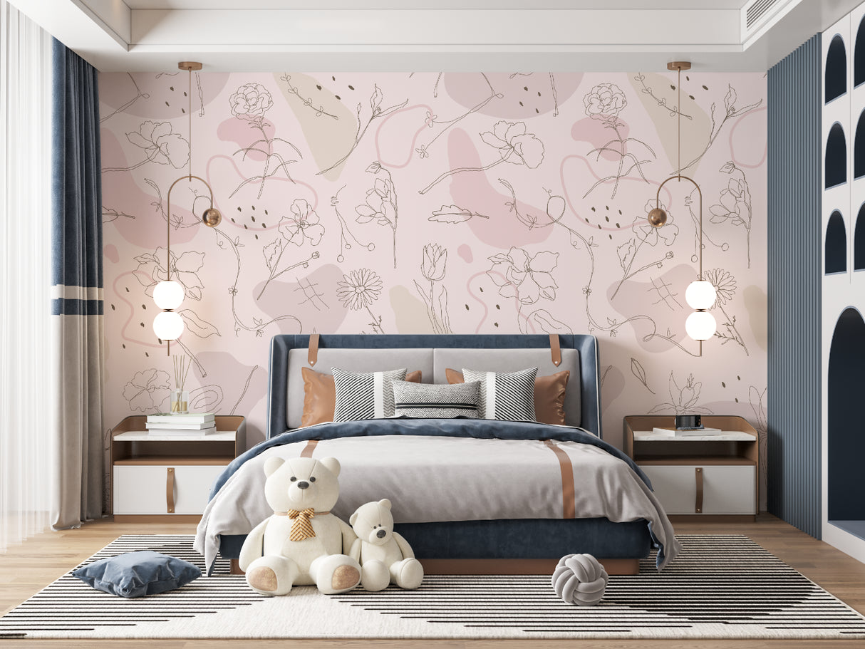Botanical line drawing mural adding elegance to a nursery room