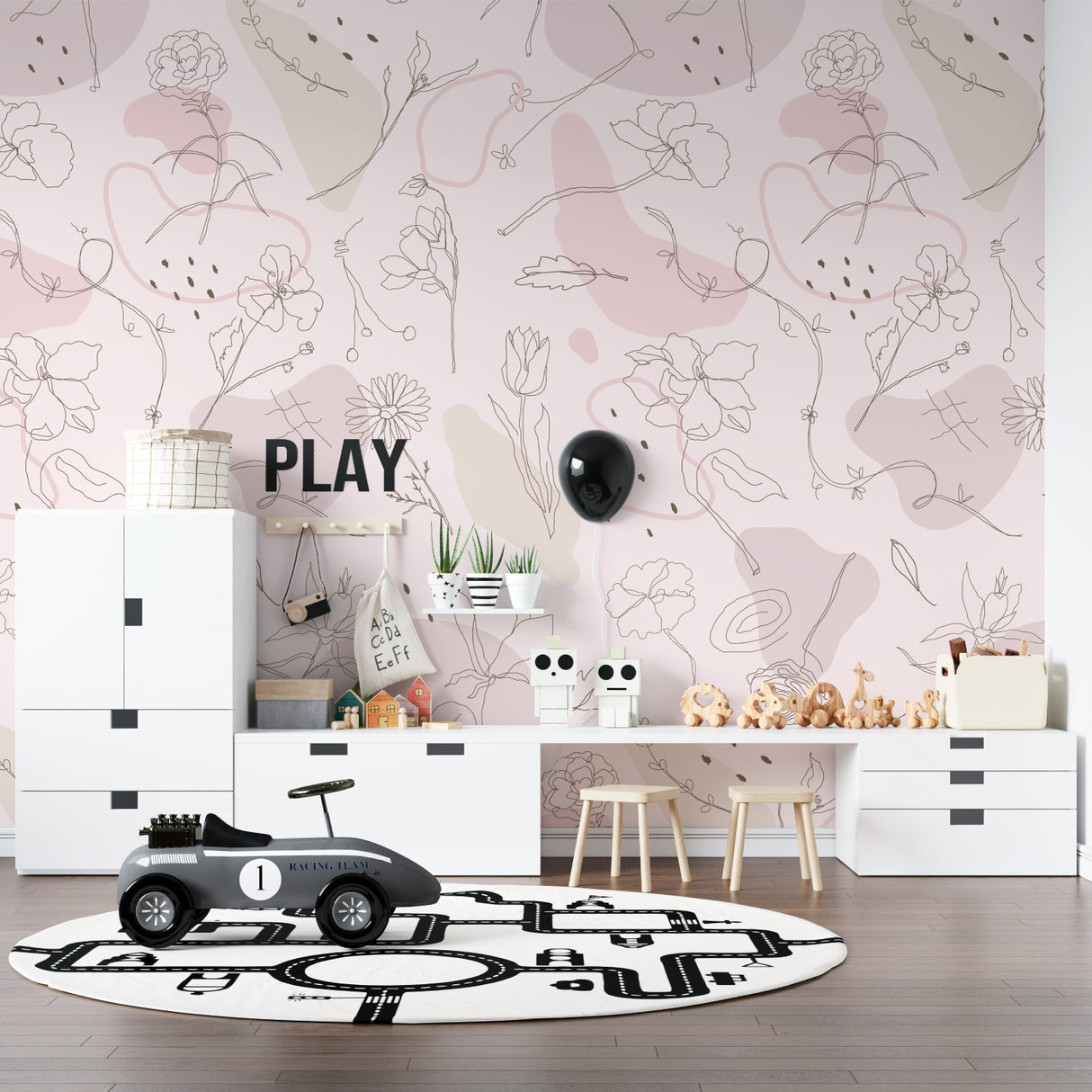 Pink botanical wall mural bringing charm to a dining room