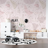 Pink botanical wall mural bringing charm to a dining room