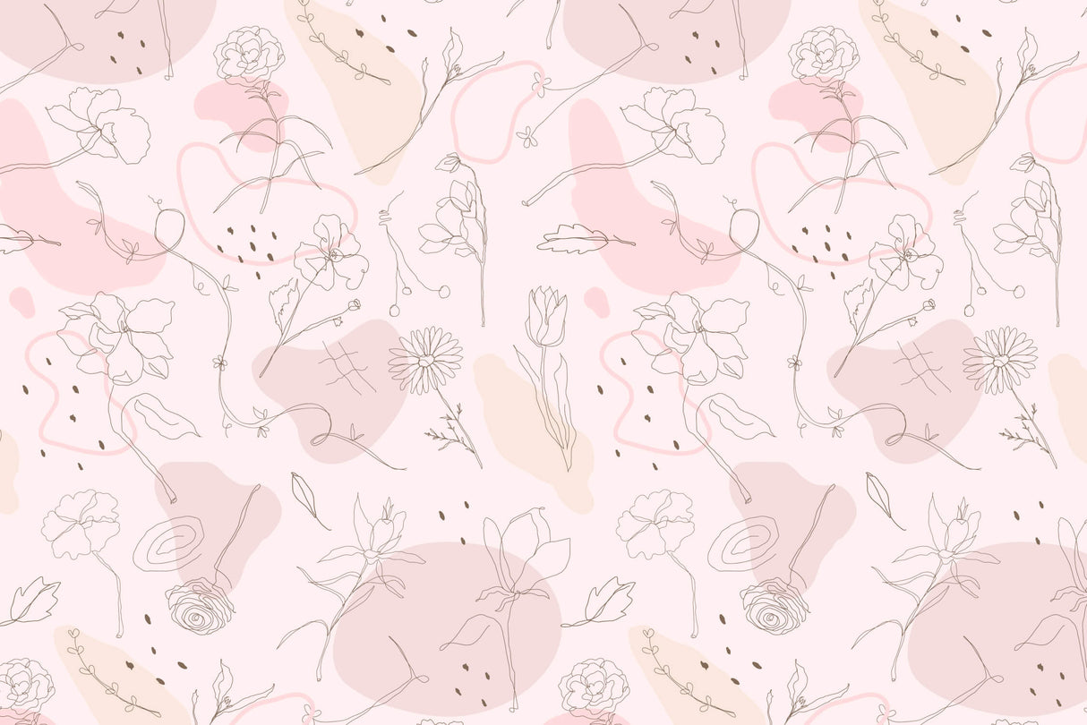 Floral line art wallpaper design file showing detailed botanical sketches on pink background