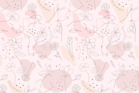 Floral line art wallpaper design file showing detailed botanical sketches on pink background