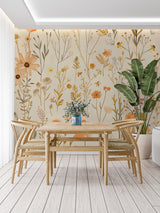 Floral wall mural with orange blooms brightening a modern living room