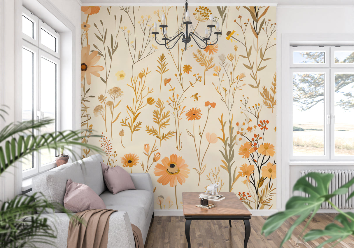 Orange and beige floral mural in a sunny bedroom