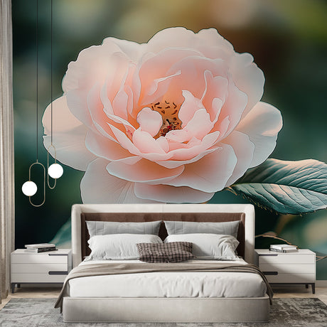 Pink rose wallpaper mural creating a fresh garden feel in a bright modern bedroom with natural light